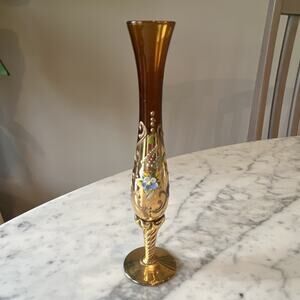 Hand Painted Floral Art Glass Murano Style Bud Vase Gold Brown Glossy Decorative